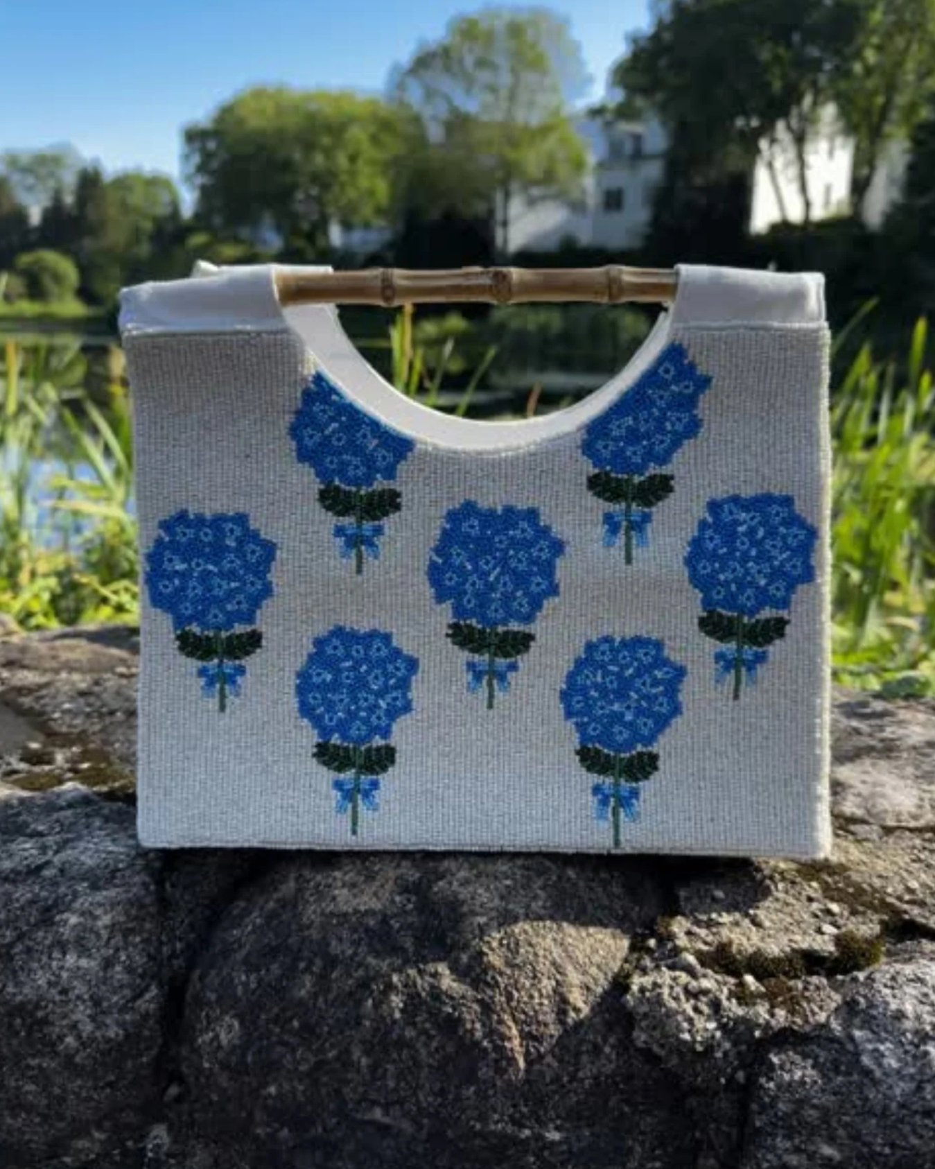 Cream Beaded Hydrangea Handbag with Bamboo Handle – Navy Jane