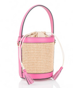 Luxury Raffia Bucket Bag with Pink Leather Trim