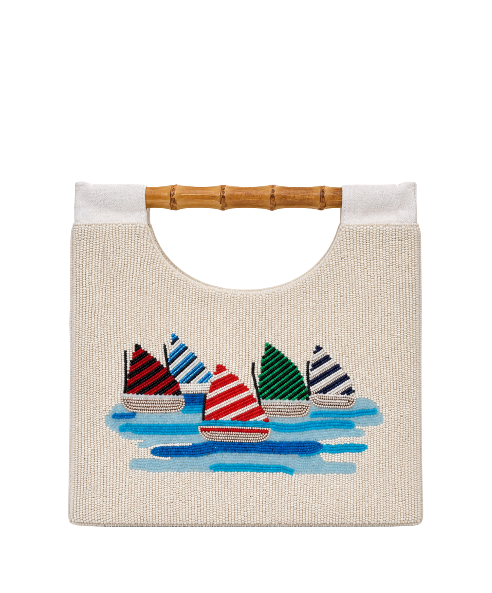 White Handbag with Colorful Sailboat Design and Straight Bamboo Handle on White Background