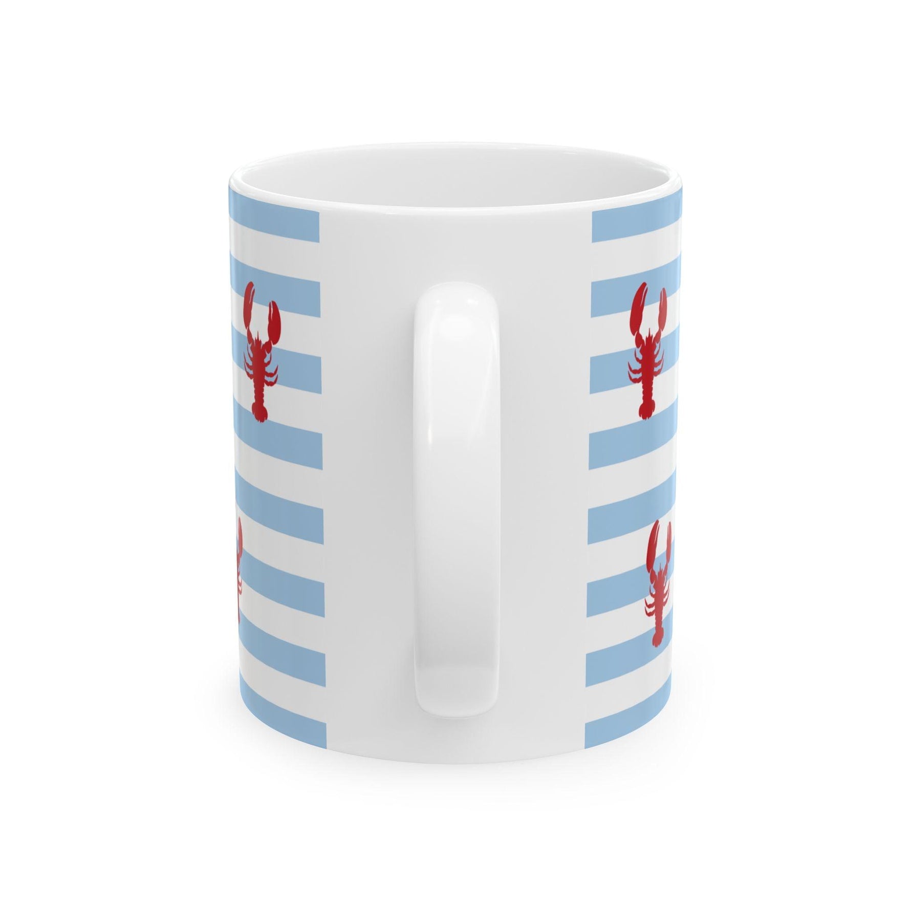 Picture of handle of light blue stripe mug with red lobsters on it
