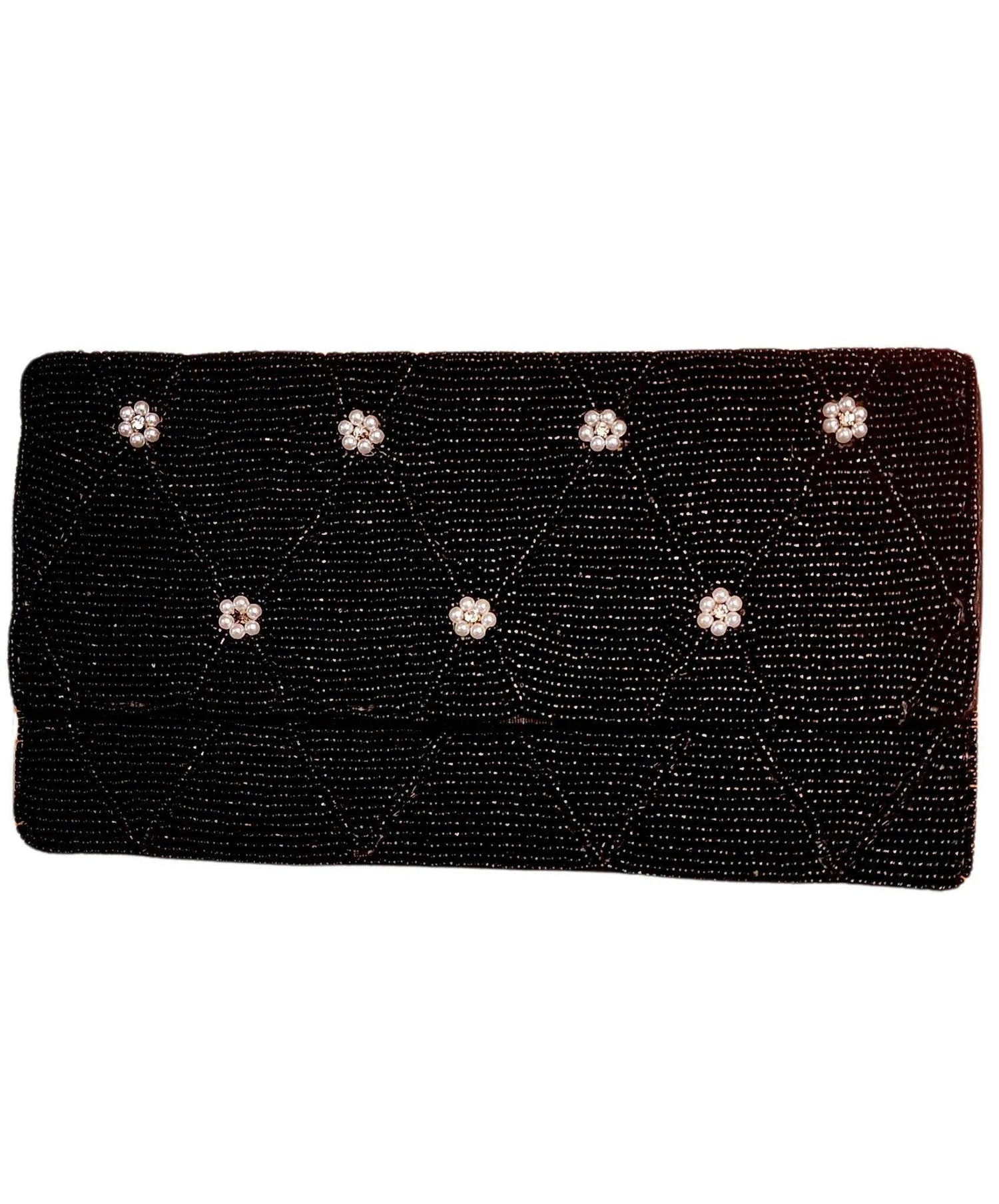 Elegant black beaded clutch with tiny pearl flowers on them -7 flowers