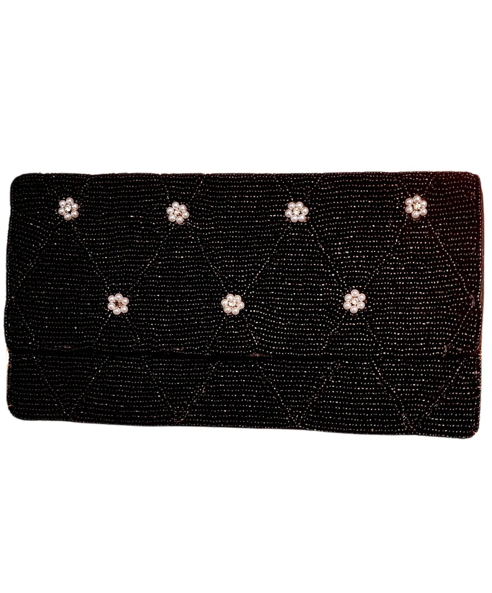 Elegant black beaded clutch with tiny pearl flowers on them -7 flowers