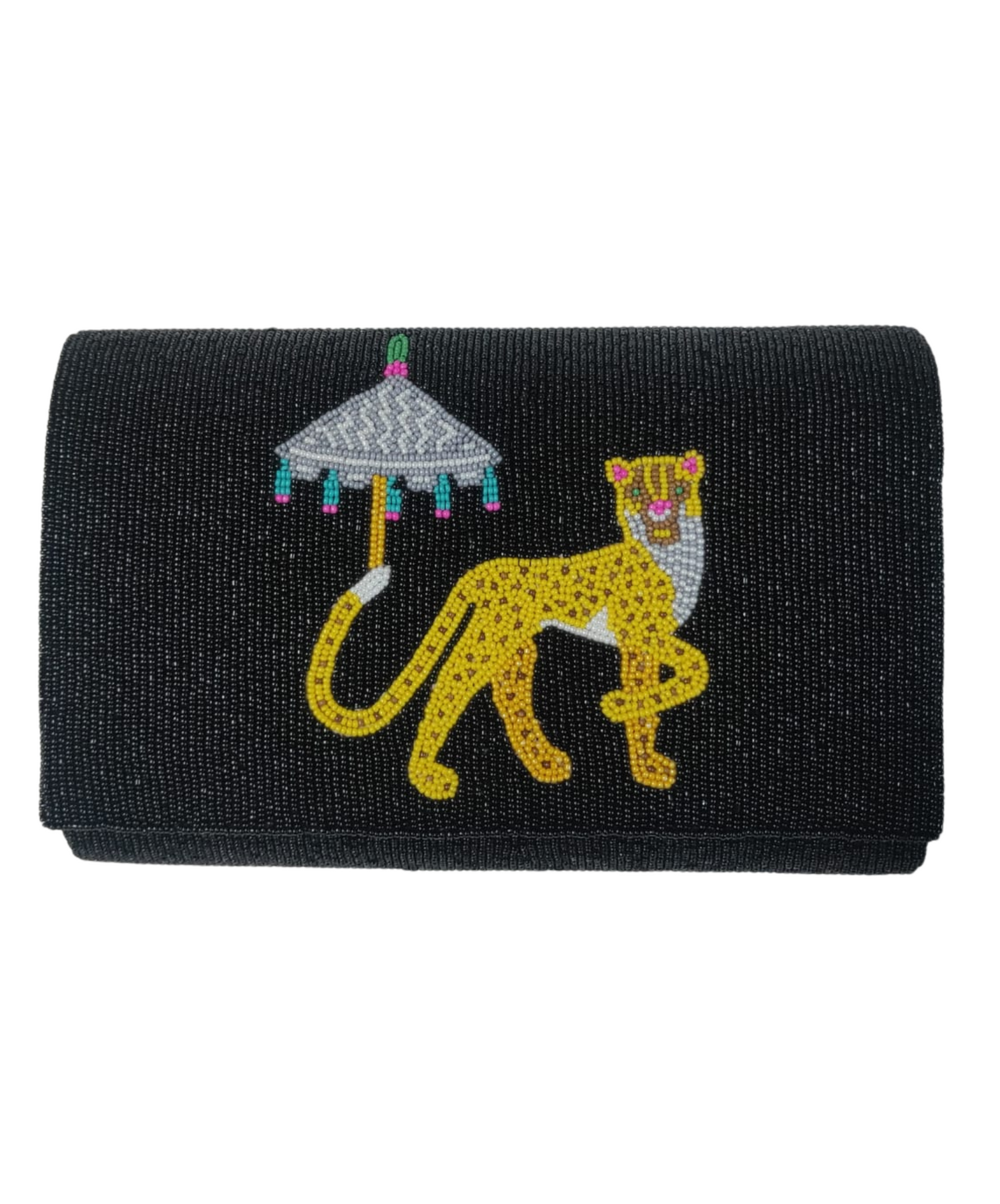 Black beaded clutch with chinoiserie cheetah and parasol.  
