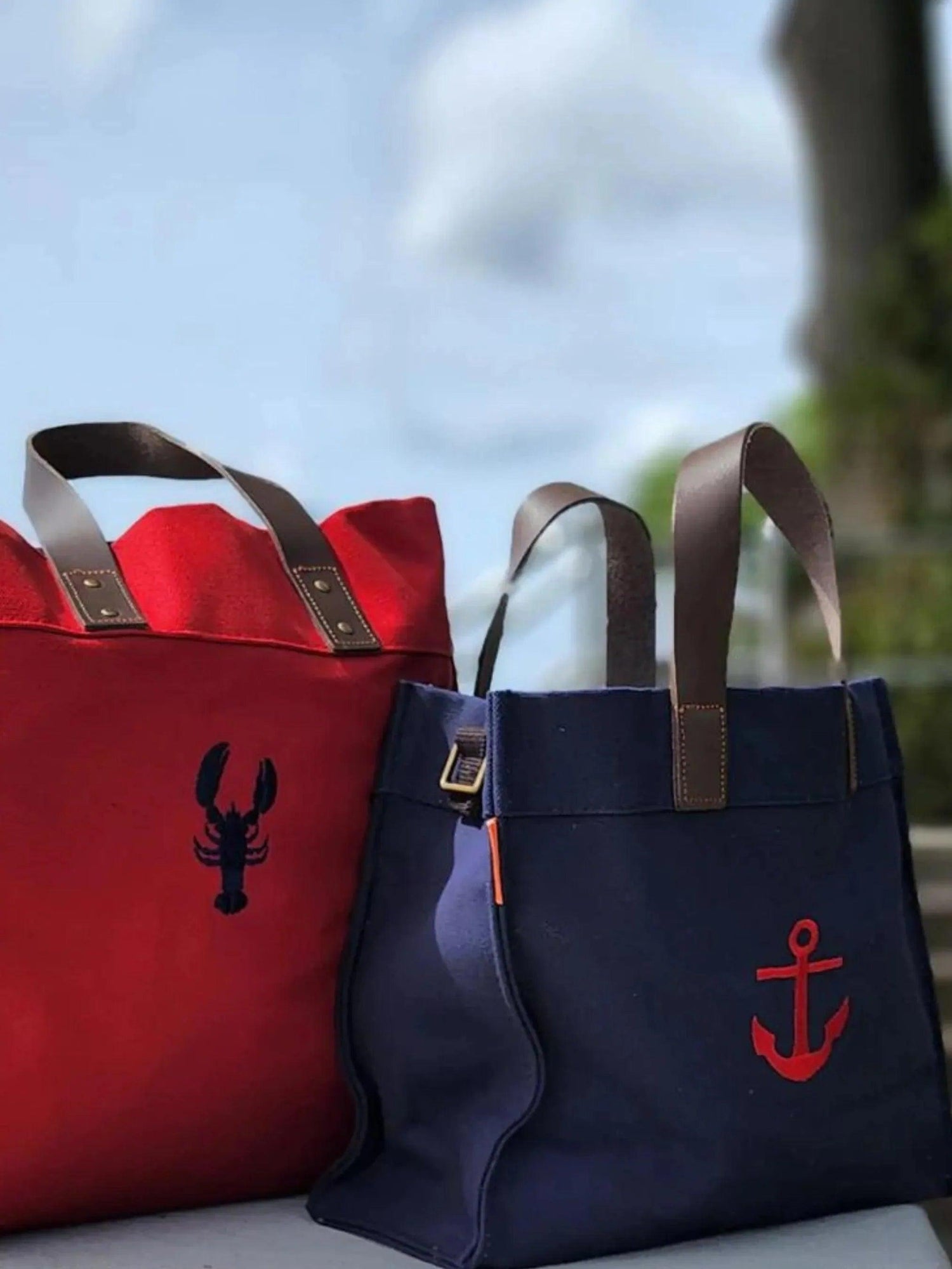 Canvas Navy Tote  Bag with Lobster Design in Red