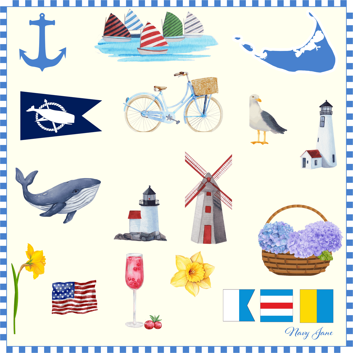picture of Nantucket scarf close up
hydrangeas, daffodils, whales, anchor, bike, and more images that represent nantucket.  This is the graphic. 