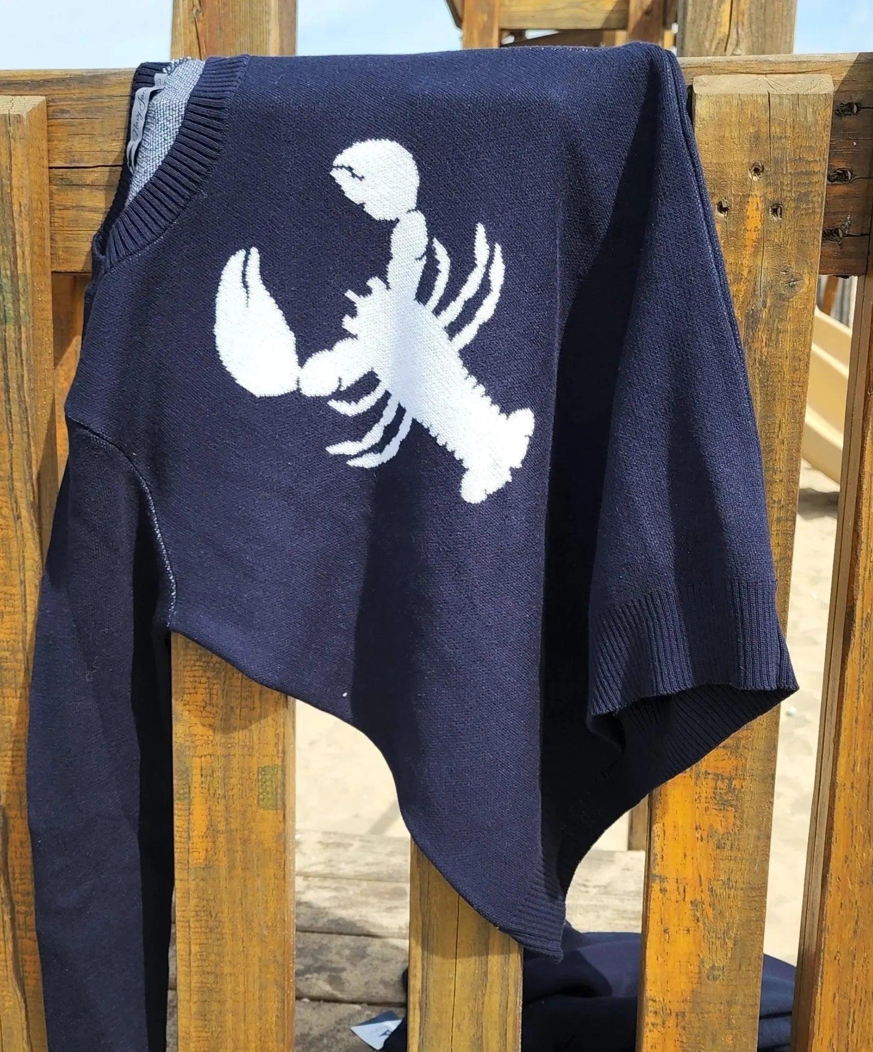 Picture of a navy sweater with a white design over a chair