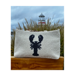 Cream Beaded Purse with Navy Lobster Design and Curved Bamboo Handles. 