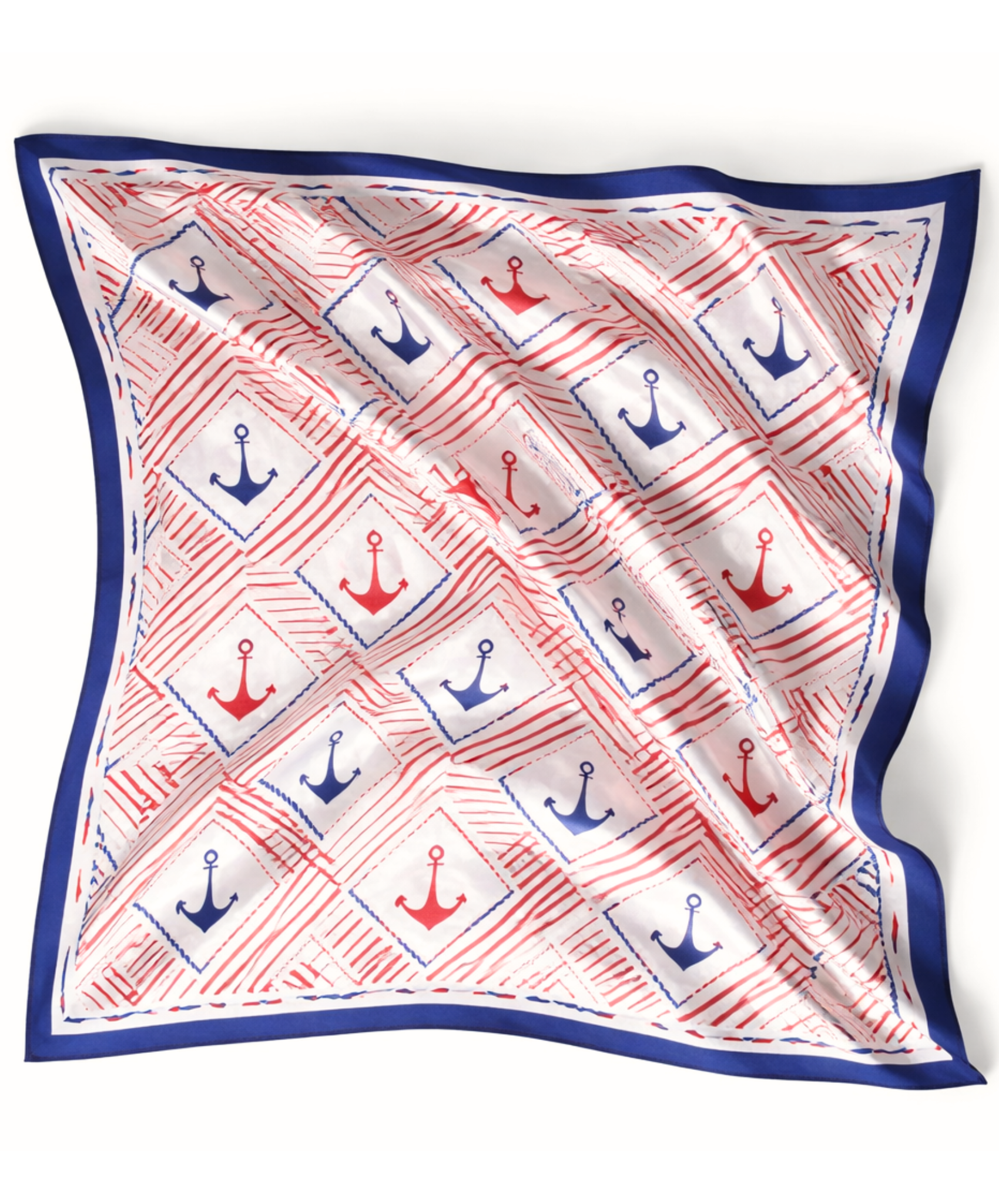red white and blue silk scarf with anchor design on white background