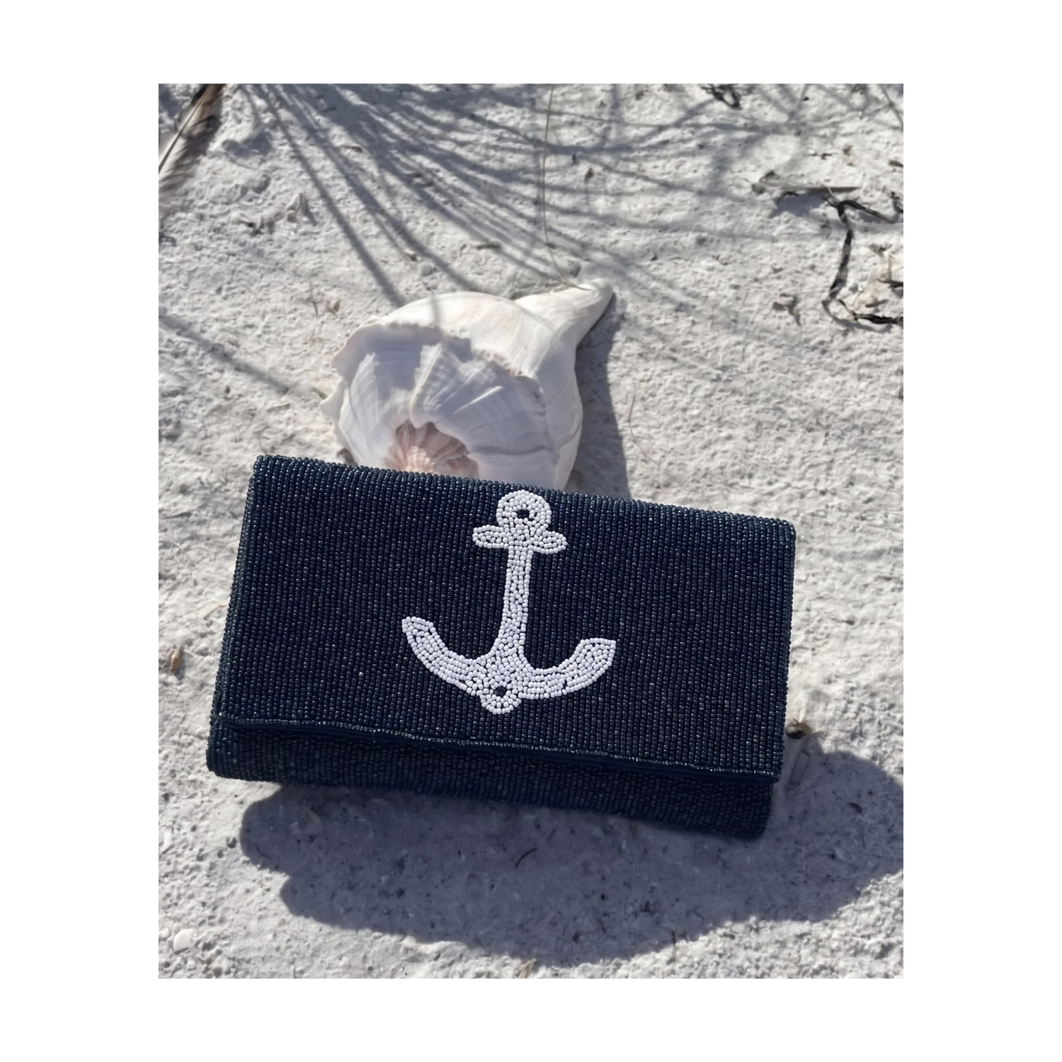 Navy Beaded Anchor Clutch