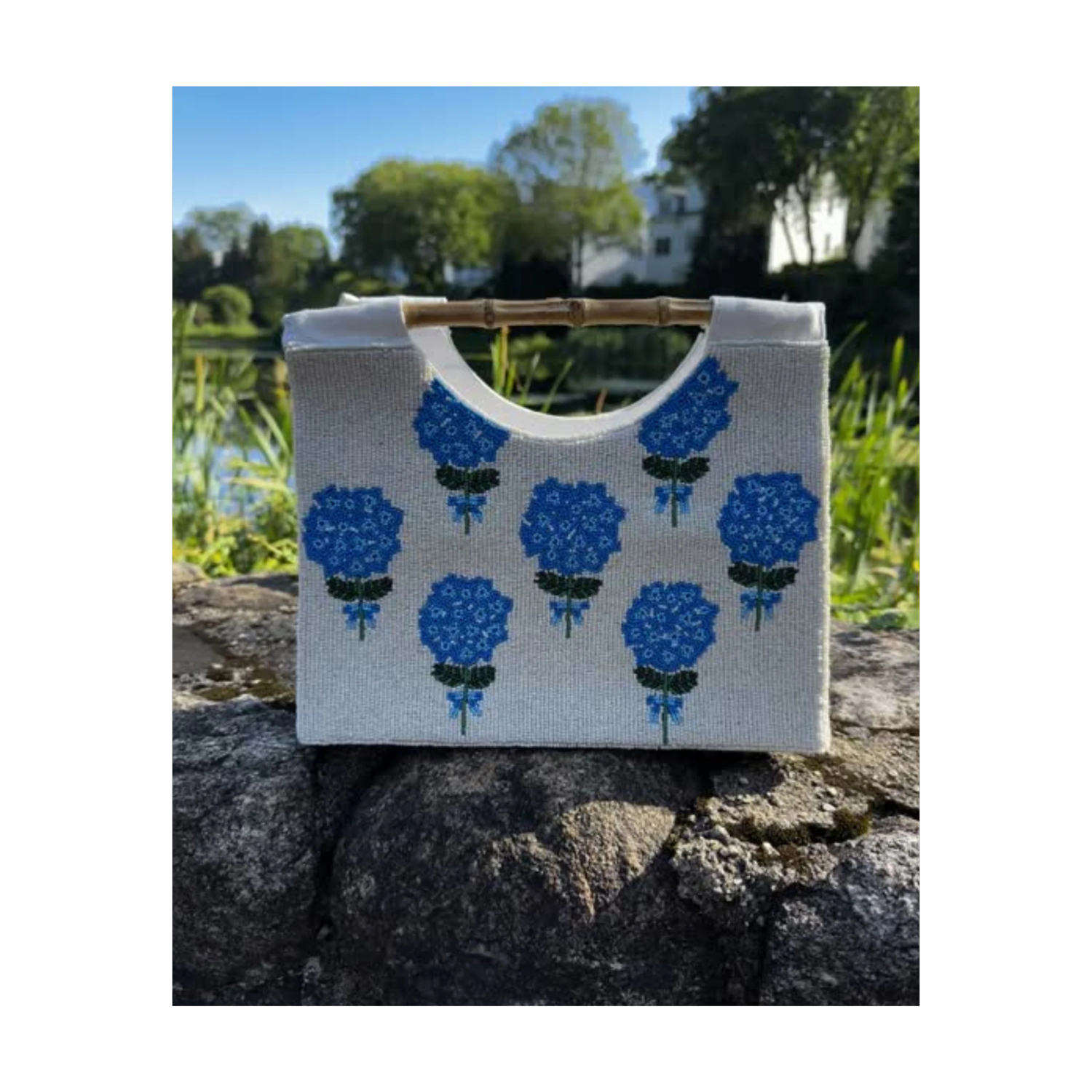 Cream Beaded Hydrangea Handbag – Bamboo Handle Coastal Purse