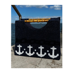 Navy Beaded Purse With White anchor Border and straight bamboo handles