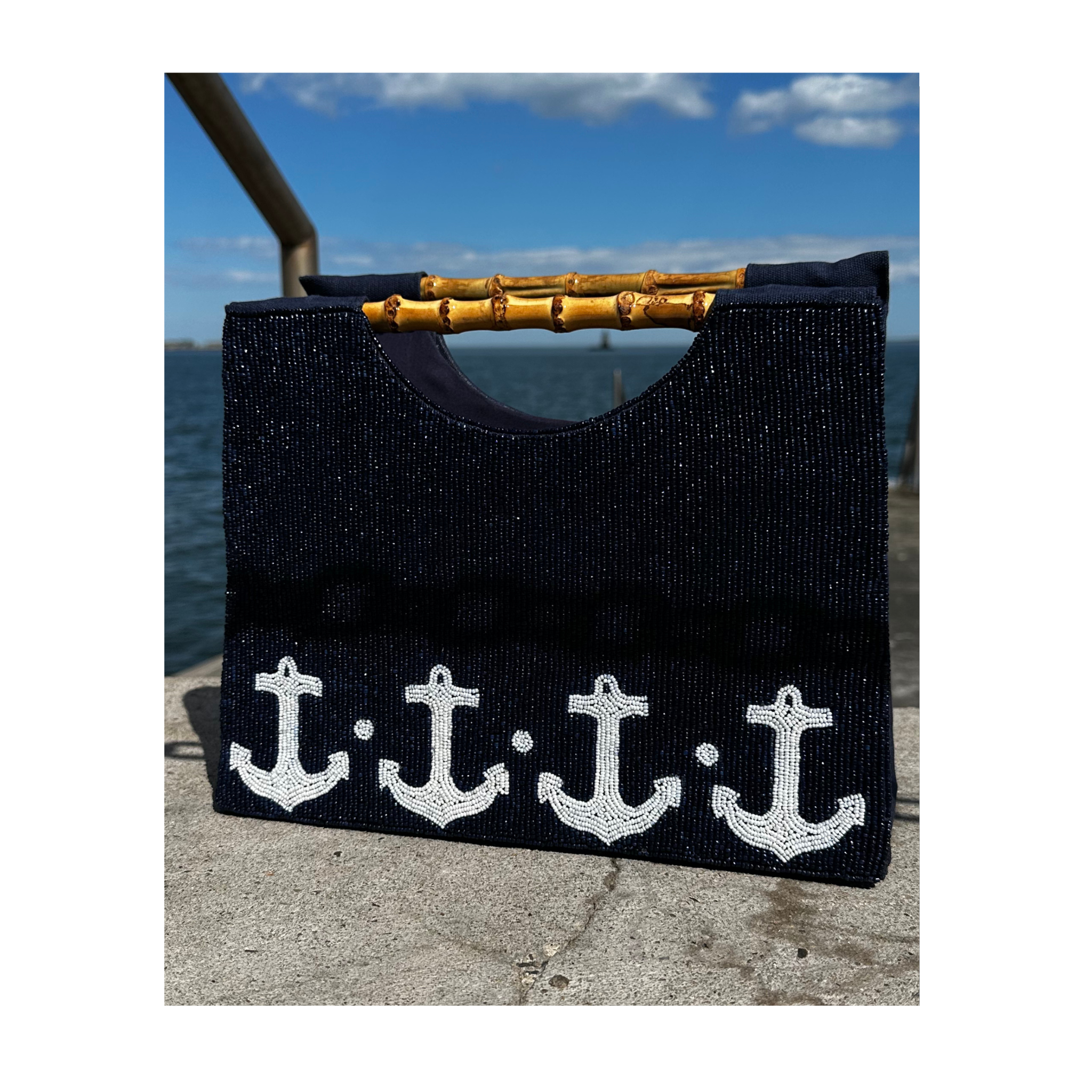 Navy Beaded Purse With White anchor Border and straight bamboo handles