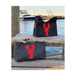 Navy beaded pursesd with bamboo handles and red lobster design