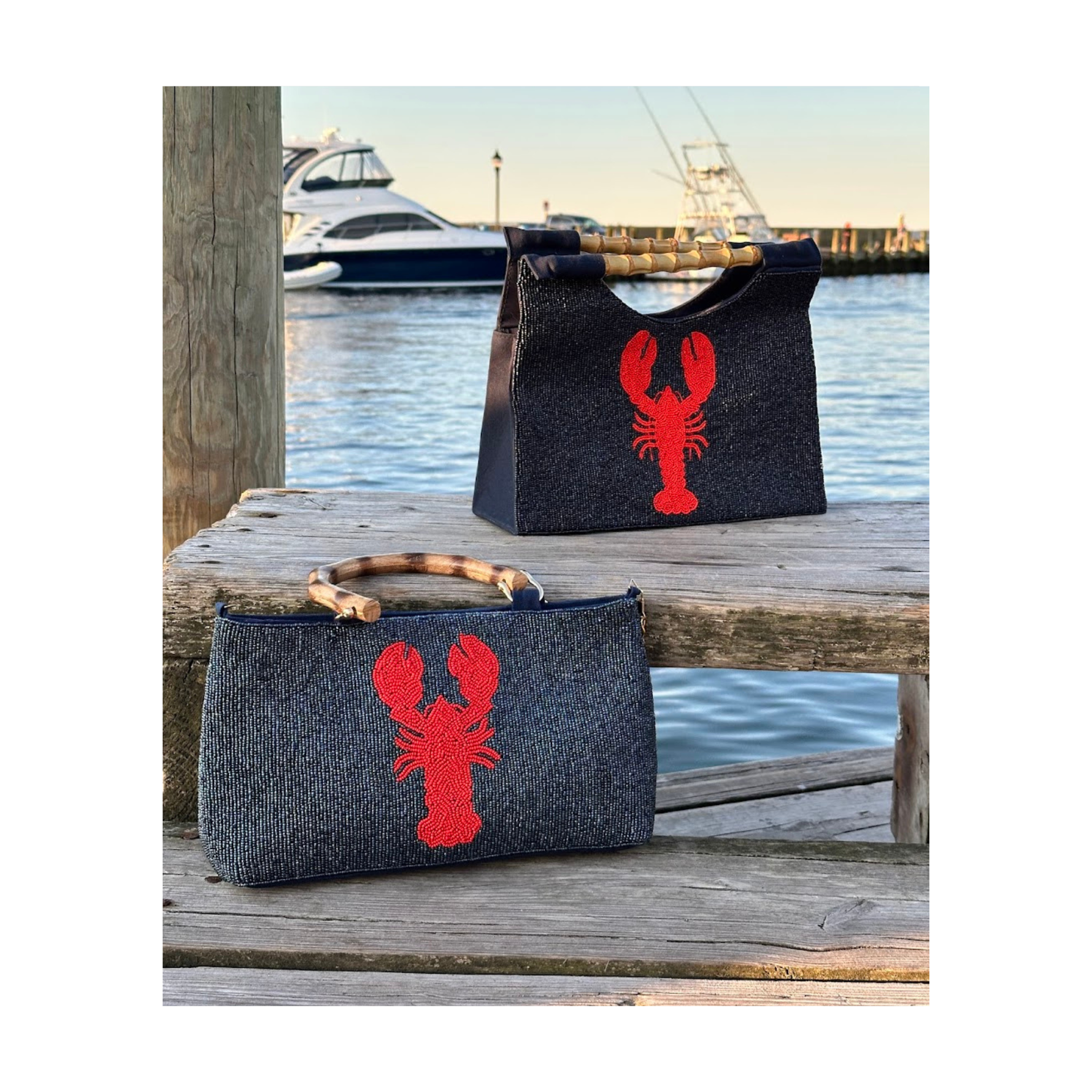 Navy beaded pursesd with bamboo handles and red lobster design