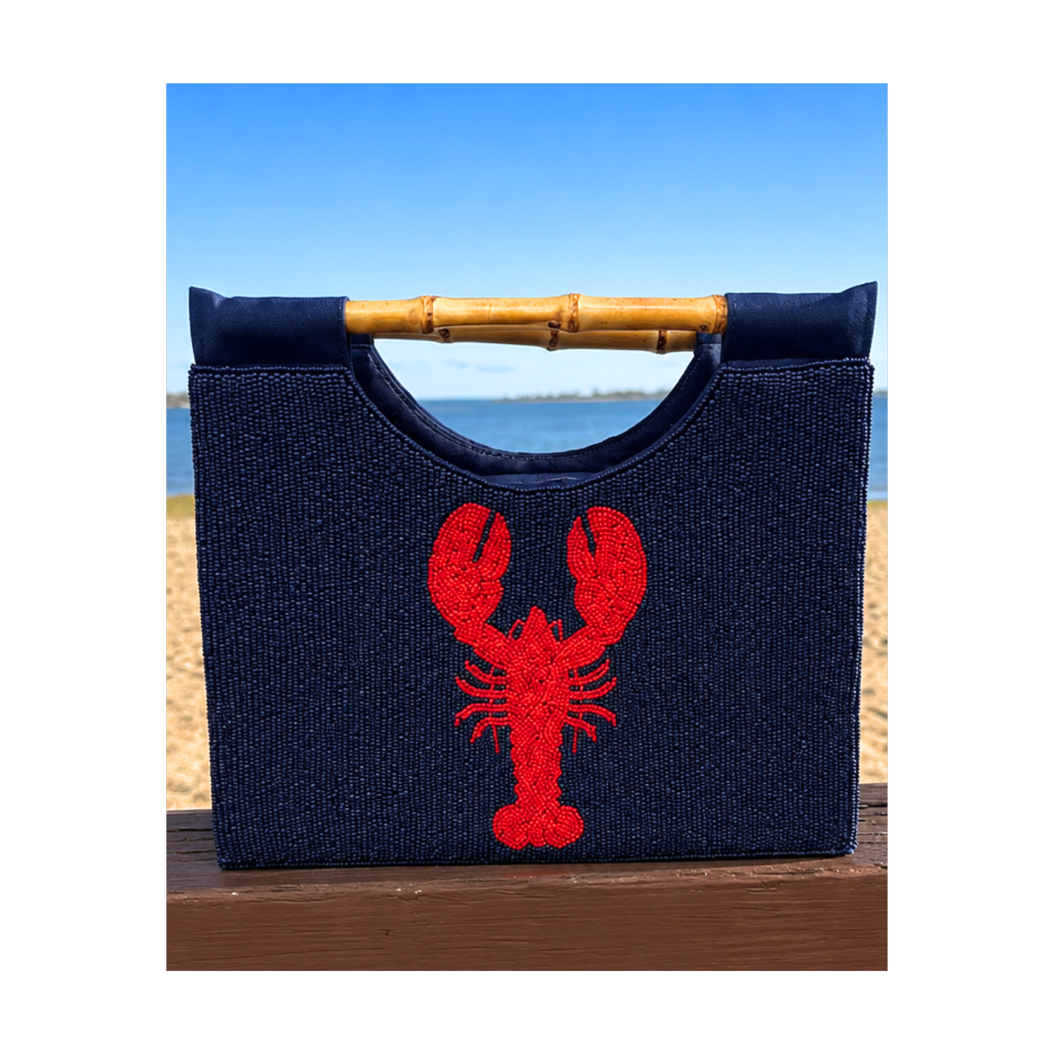 Narragansett Beaded Handbag – Navy with Red Lobster