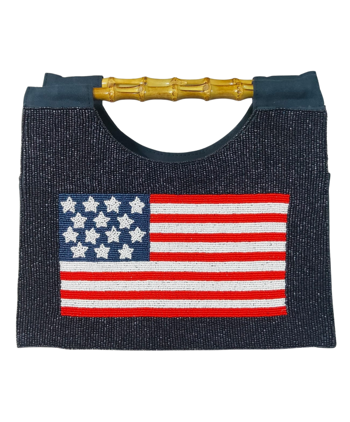 Navy Handbag with American flag design and bamboo handle on a white background
