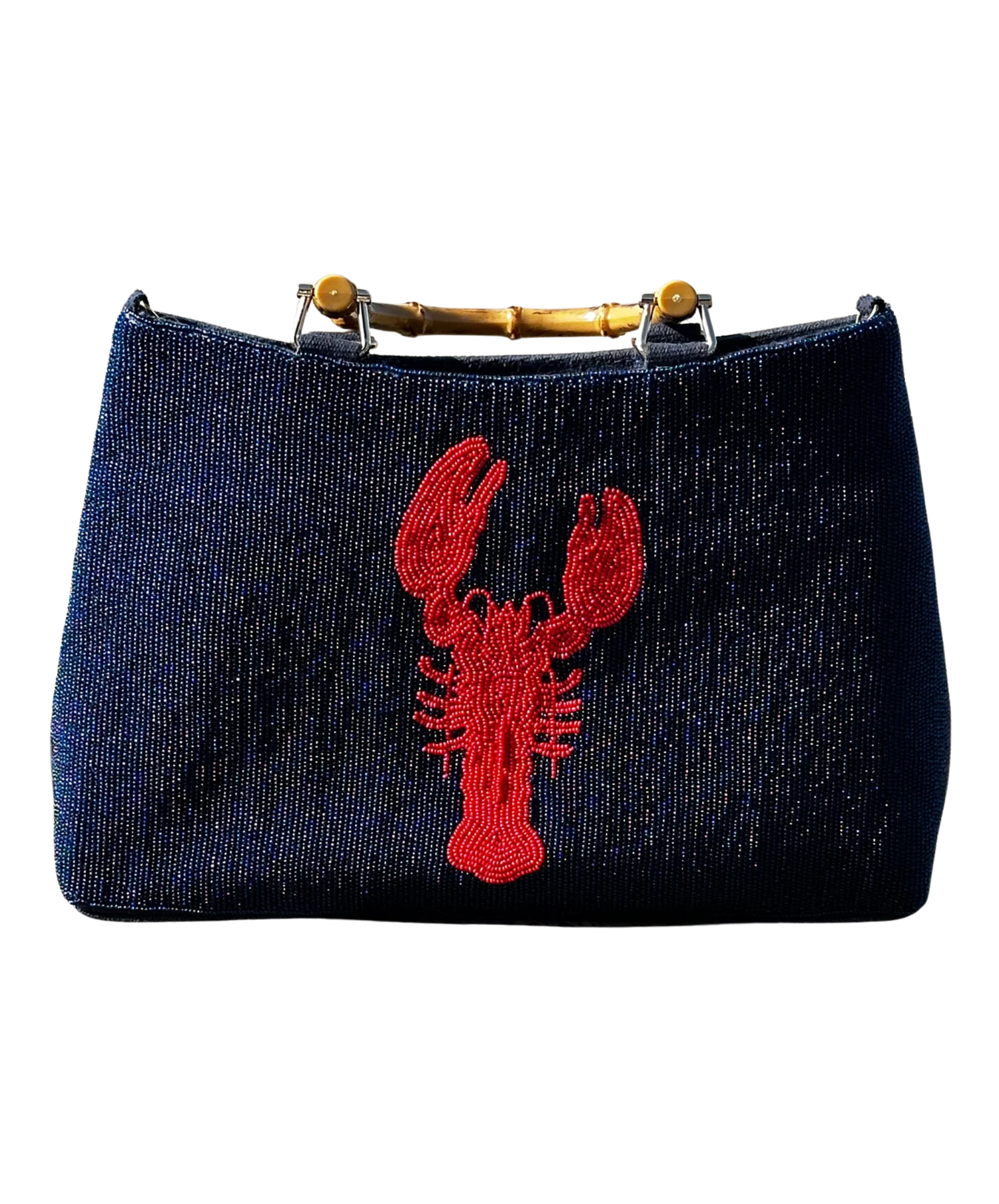 Navy and Red Beaded Lobster Purse With Bamboo Handle