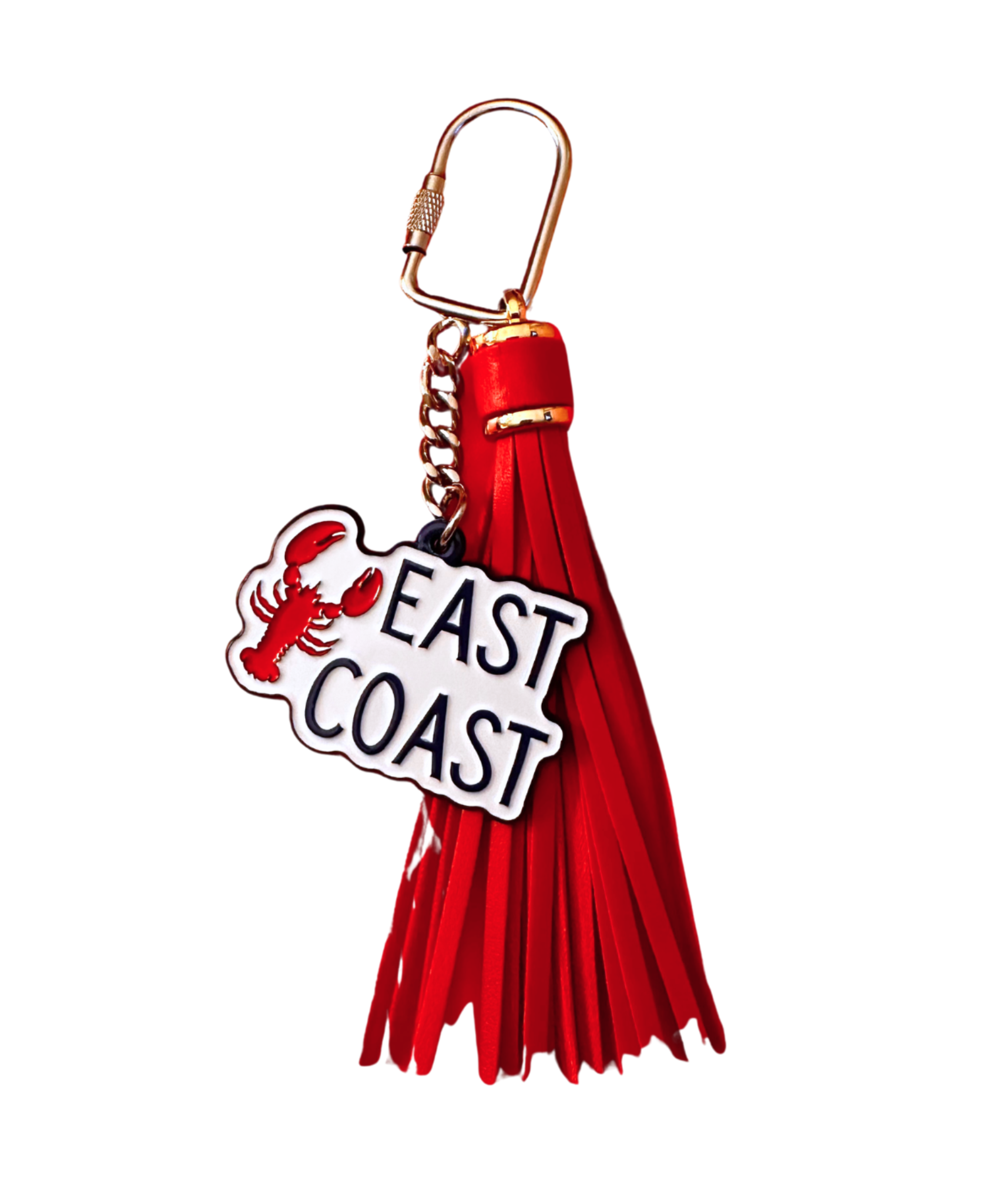 East Coast Purse Charm with red leather tassle on white background