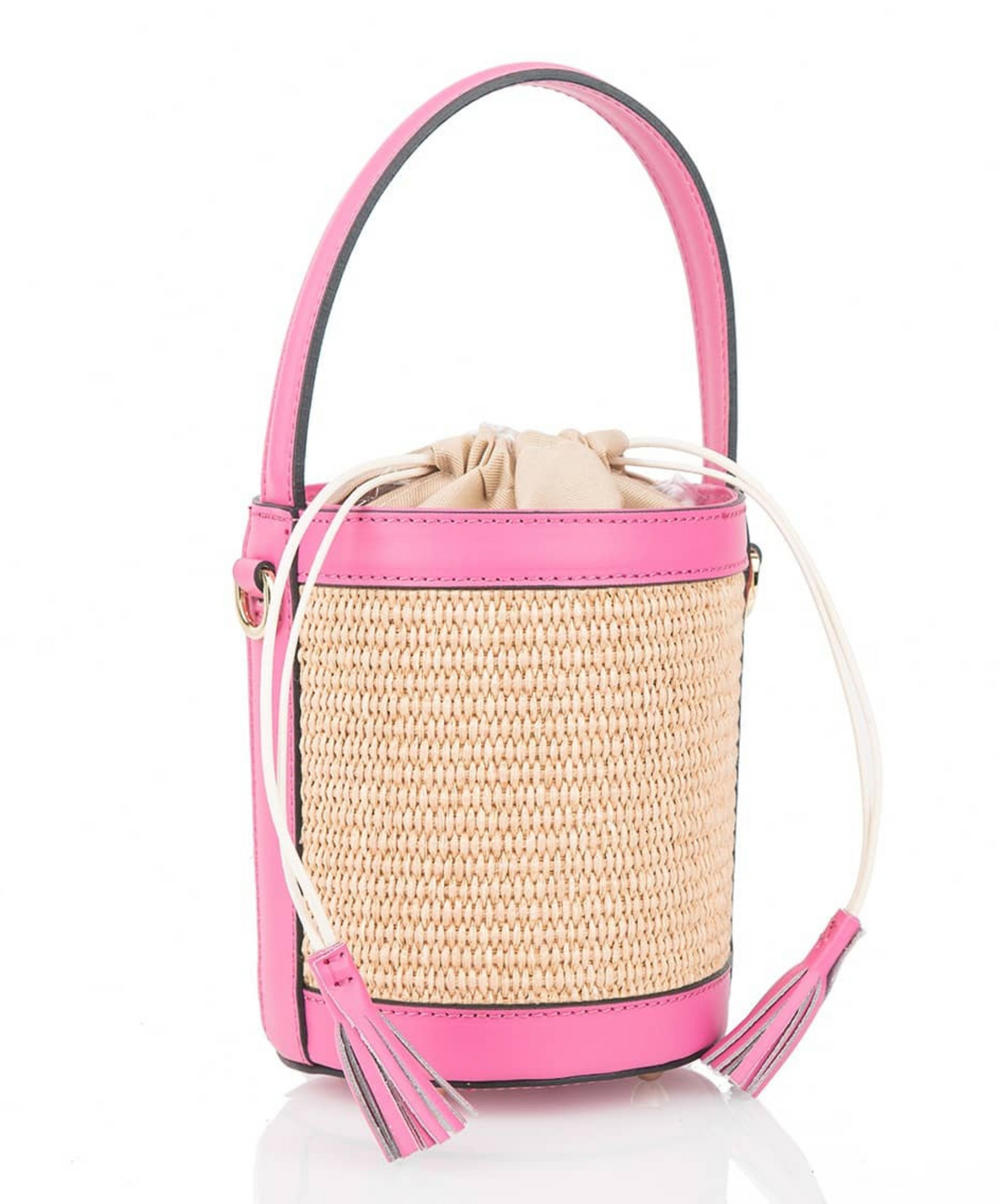 Raffia bucket bag with pink leather border and strap.  Crossbody.  Tassle closure.  Shown again clean white background.