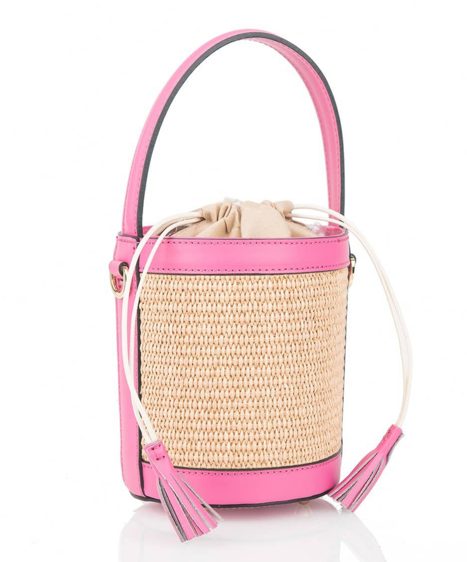 Luxury Raffia Bucket Bag with Pink Leather Trim