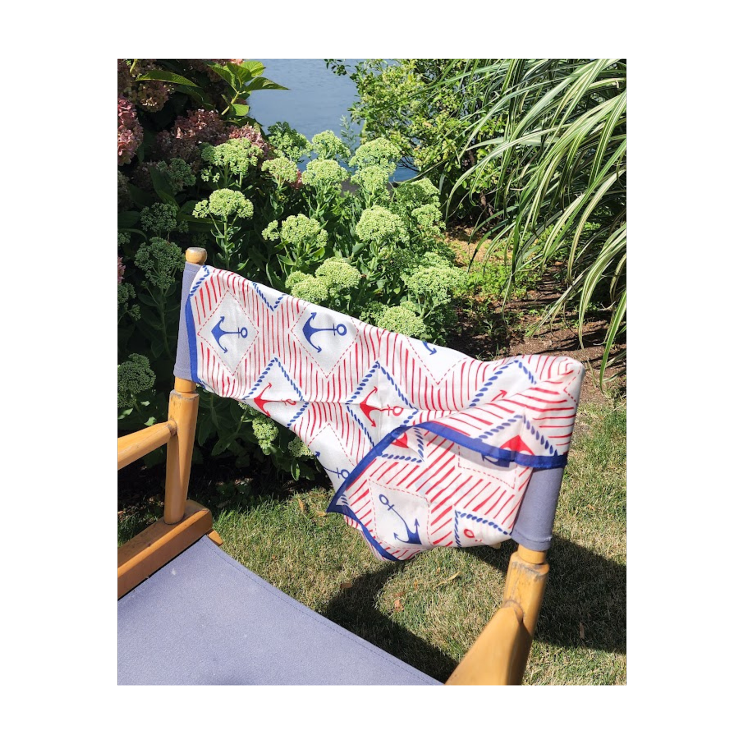 Red White and Blue Silk Scarf draped over a summer chair.
