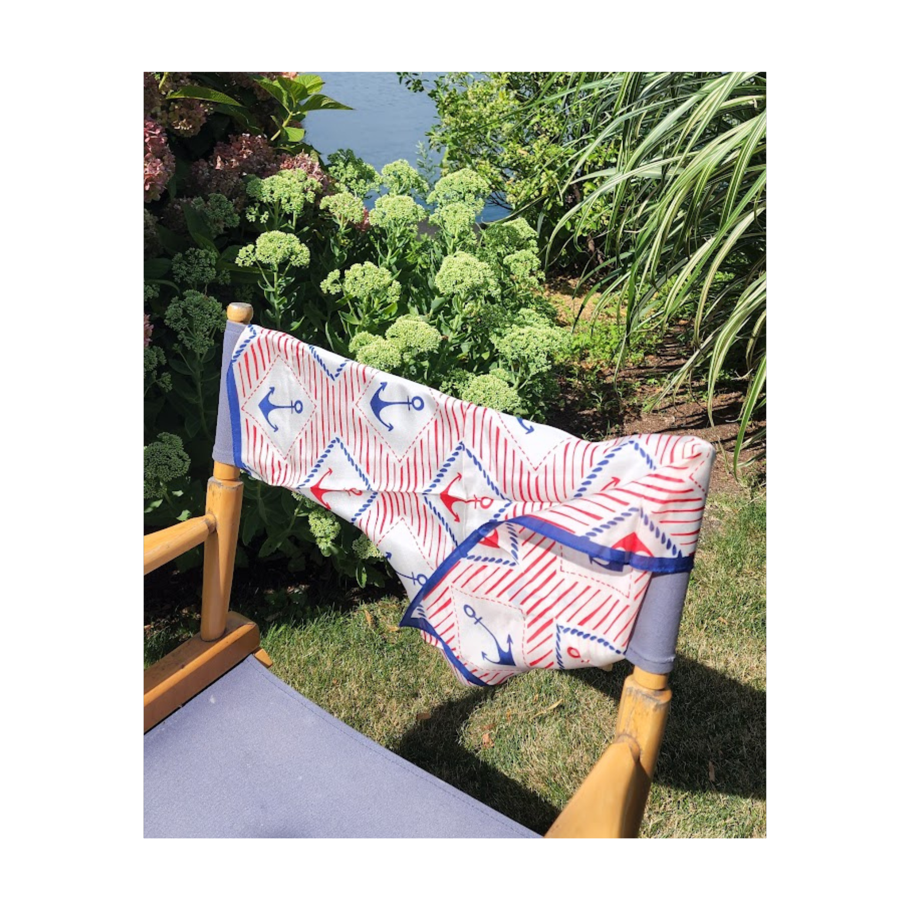 Red White and Blue Silk Scarf draped over a summer chair.