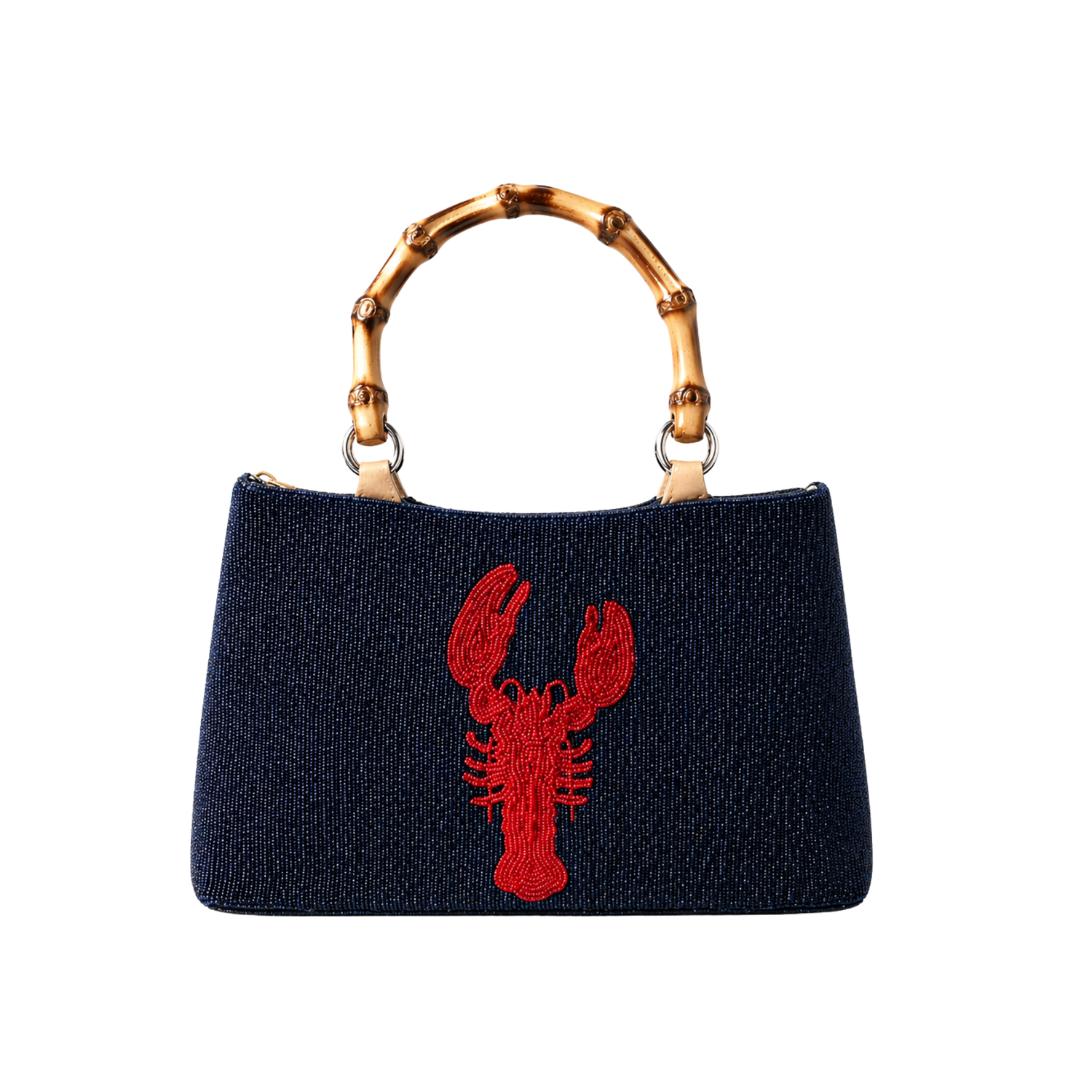 Navy Beaded Lobster Handbag with Bamboo Handle