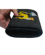 Side View of black beaded clutch with chinoiserie cheetah and parasol