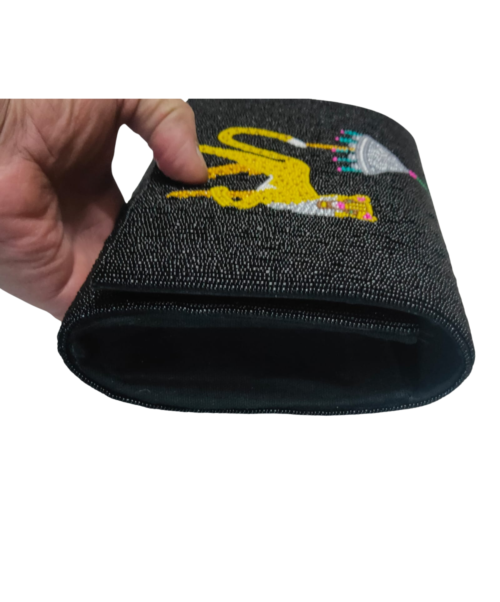 Side View of black beaded clutch with chinoiserie cheetah and parasol