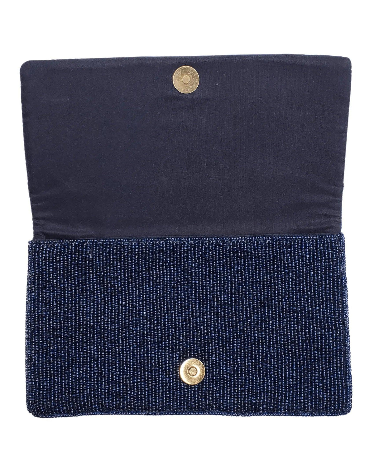 Inside view of navy clutch snap showing on upper foldover and lower section.