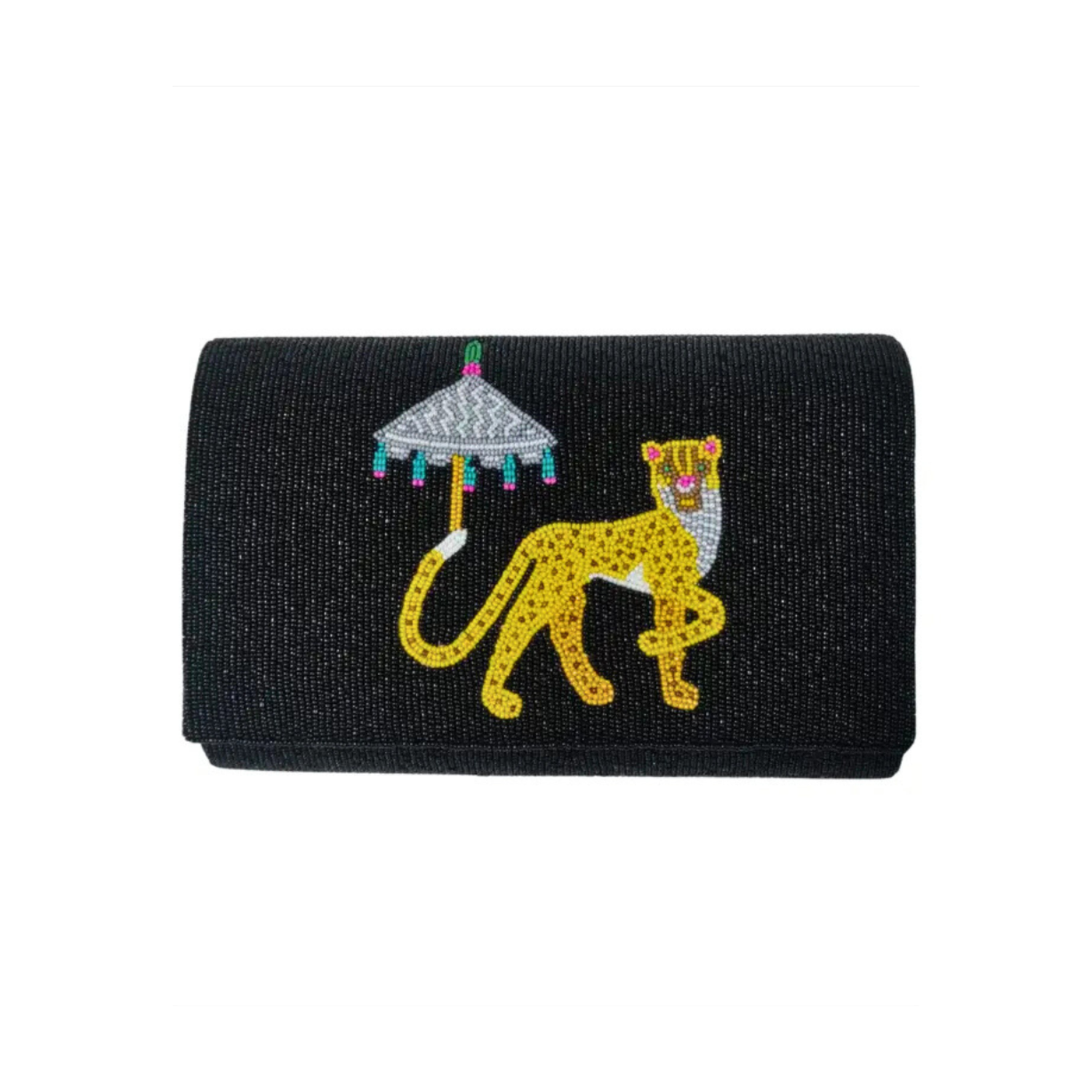 close up Black beaded structured clutchj with a leopard and umbrella design on a white background