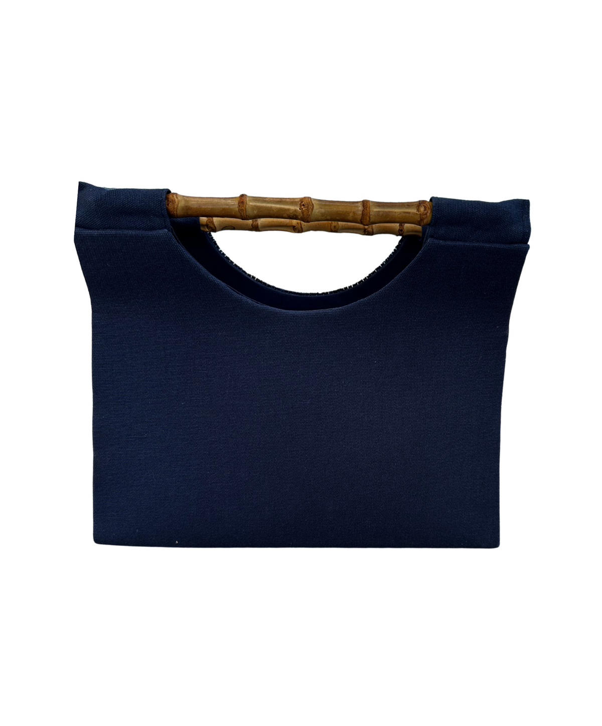 Back View of Navy blue bag with a wooden handle.  Plain Navy Blue canvas. on a white background