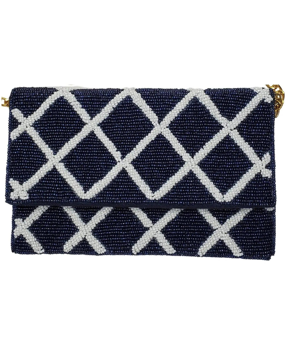 Beautiful navy beaded clutch with white geometric design.  Silver Chain on white clean background.  