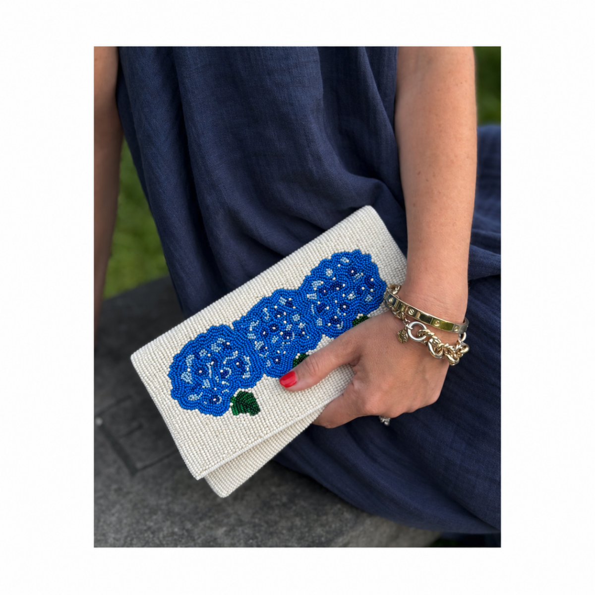 Floral Beaded Clutch – 3 Blue Hydrangeas