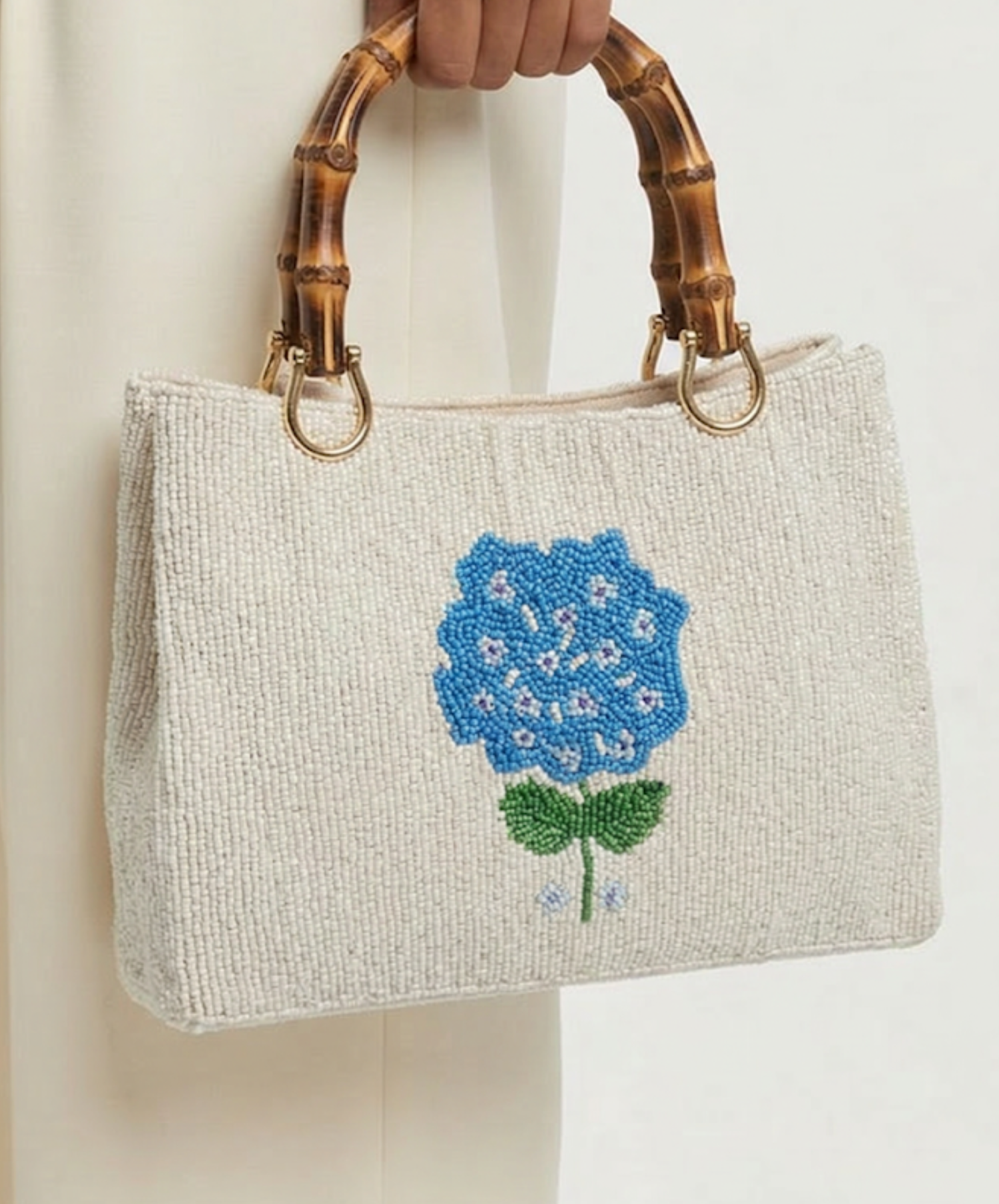 Falmouth Hydrangea Beaded Bag with Bamboo Handle