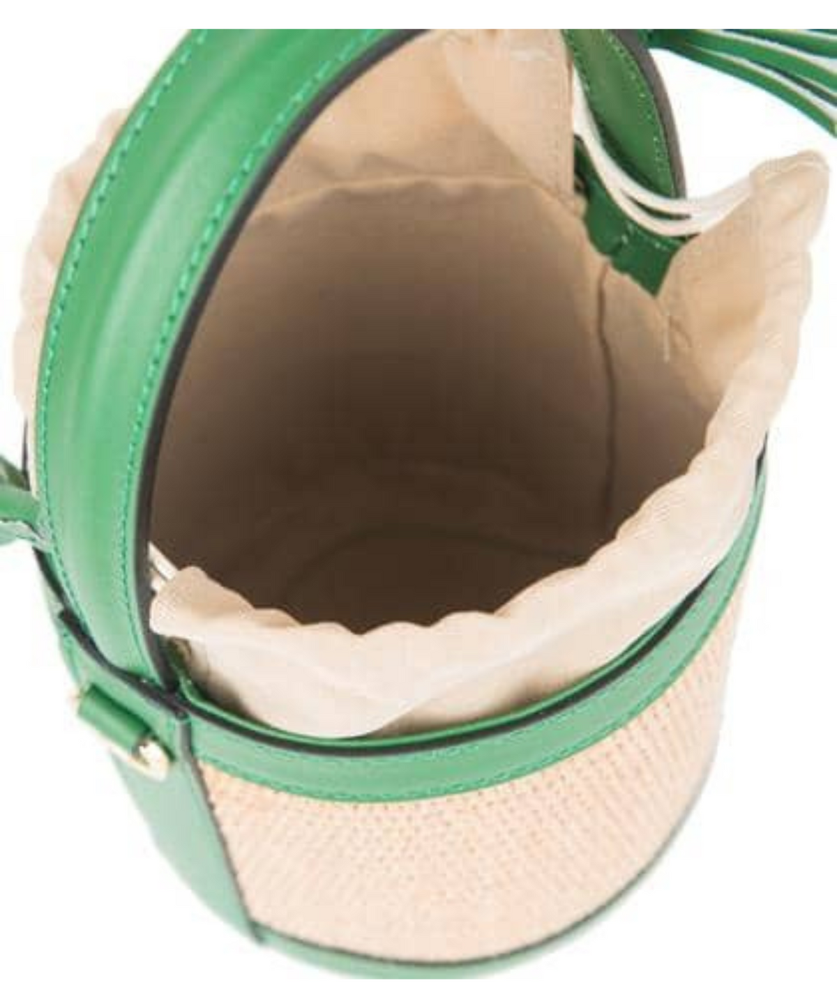 Inside of raffia  bag shown, pull draw string with green tassels on end of the string.  Green border.