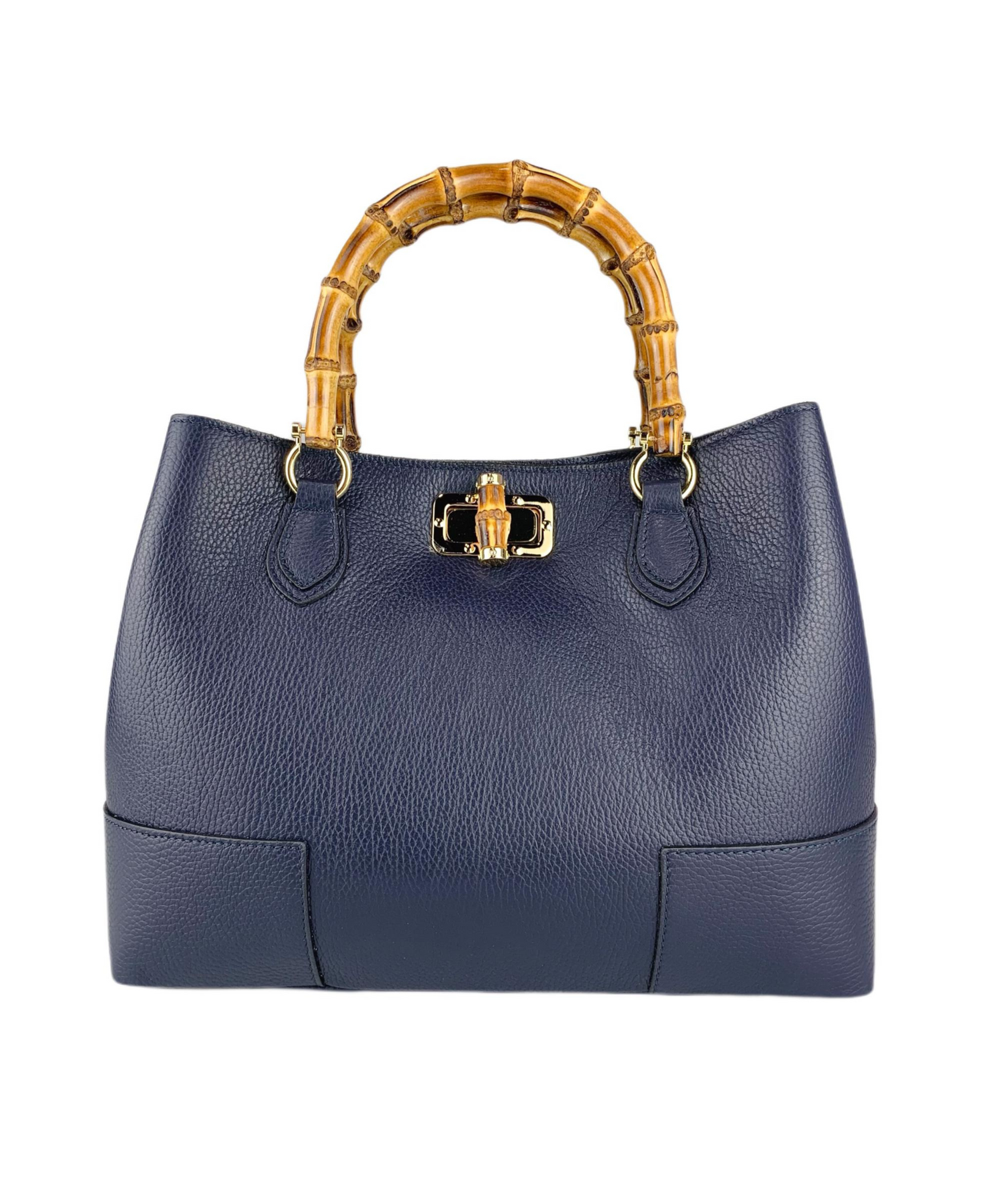 Janie Large Navy Leather Handbag with Bamboo Handles