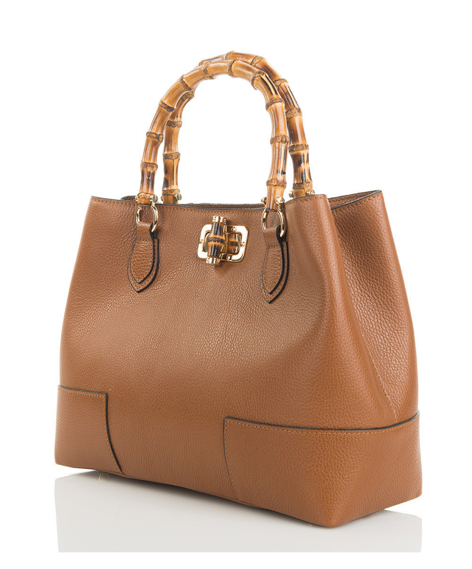 Large Brown Leather Handbag with Bamboo Handle – Stylish & Durable