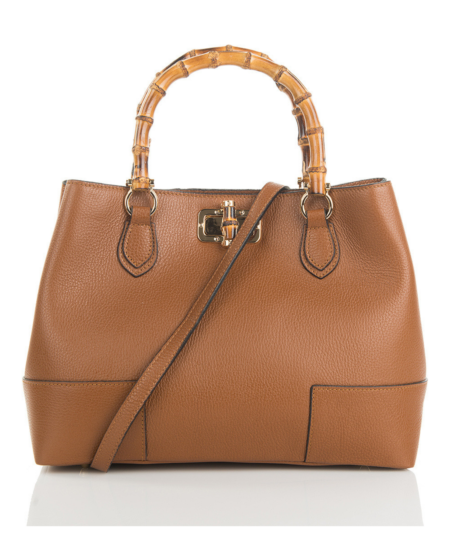 Large Brown Leather Handbag with Bamboo Handle – Stylish & Durable