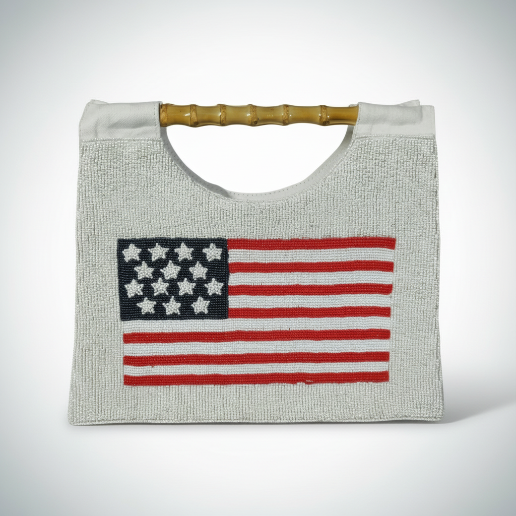 Handbag with American flag design on a white background