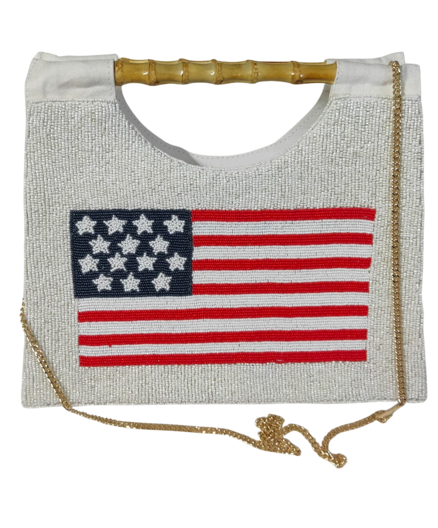 White Beaded American Flag Purse with Bamboo Handles
