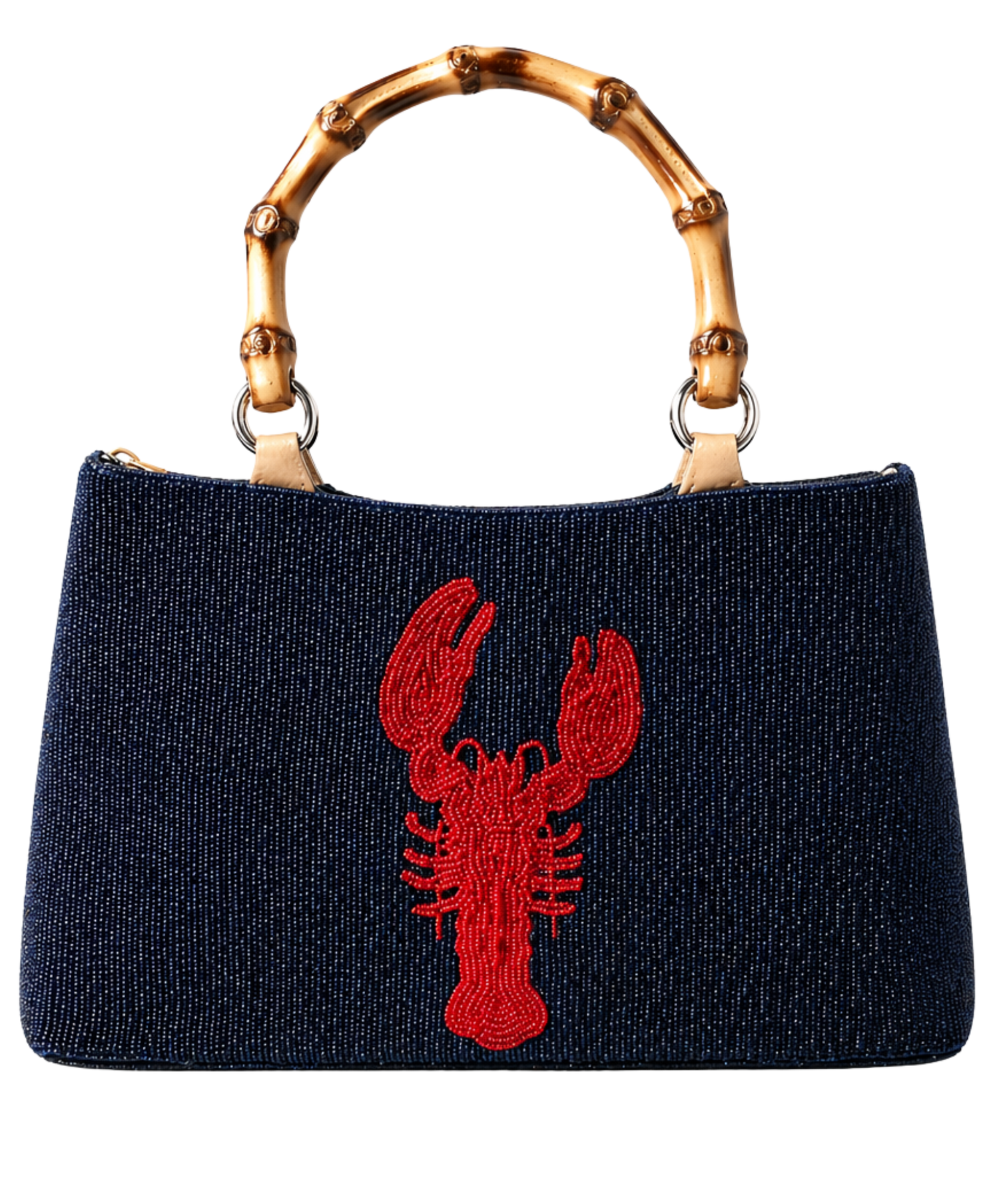 Navy Beaded Handbag with red lobster and rounded bamboo handle on white background