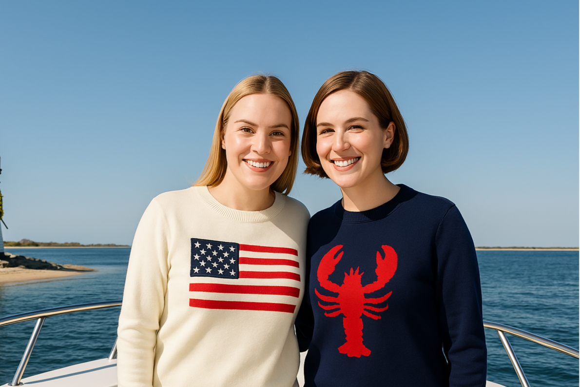 navy_and_red_lobster_sweater_and_off-white_sweater_with_american_flag._nantucket_lighthouse_in_background.png
