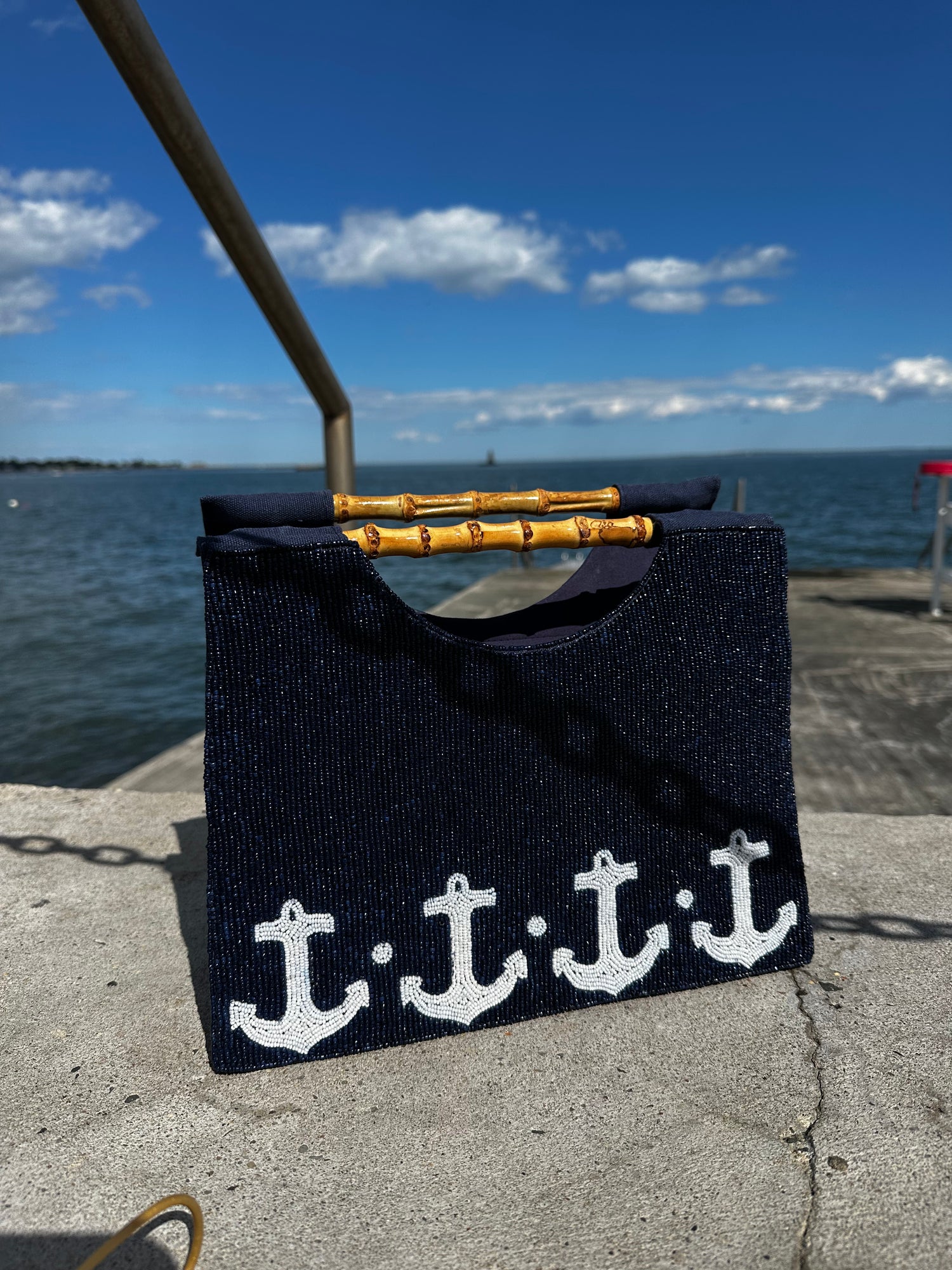 Navy Beads and White Anchors on The Narragansett style Purse