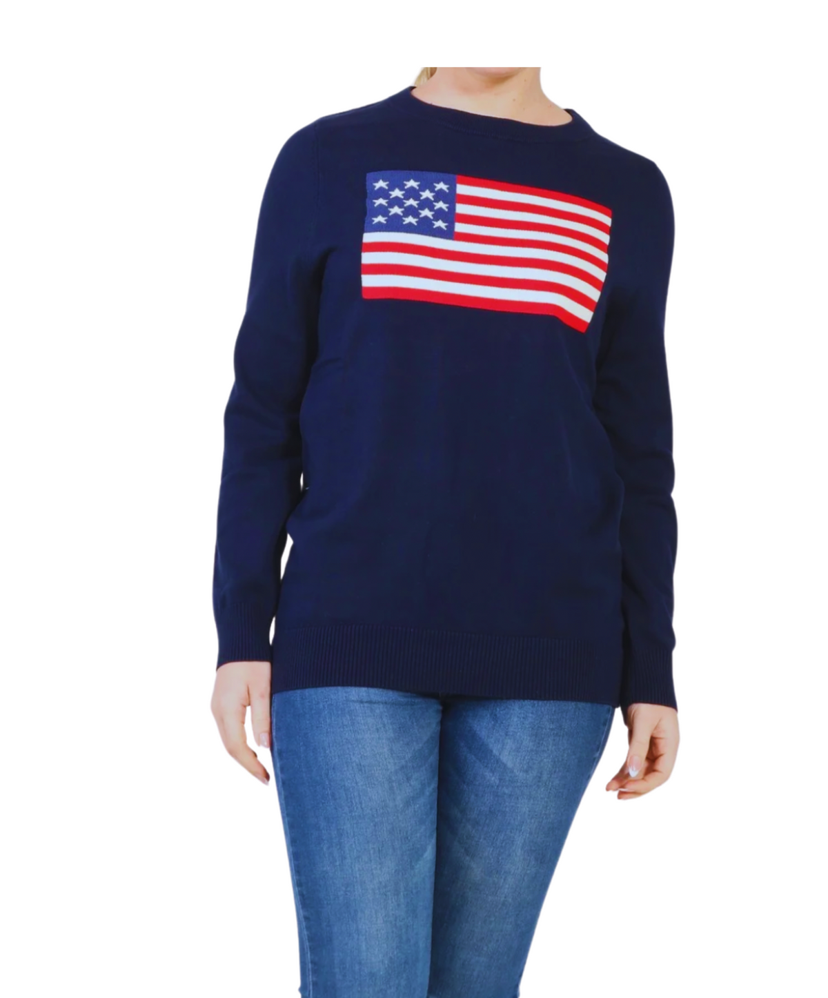 A navy-colored sweater featuring the American flag design on the front, paired with blue jeans.