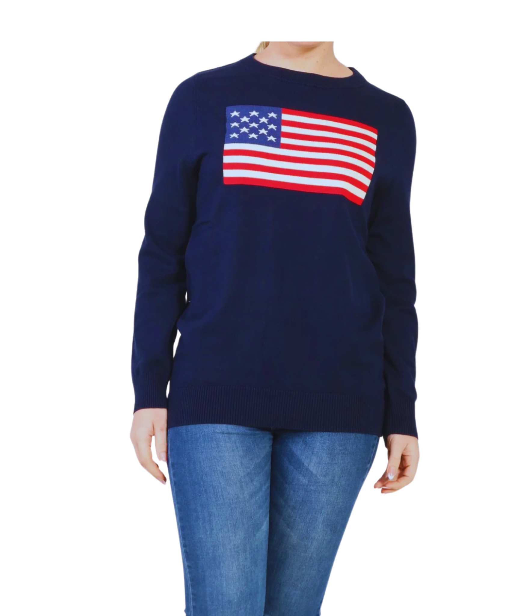 A navy-colored sweater featuring the American flag design on the front, paired with blue jeans.