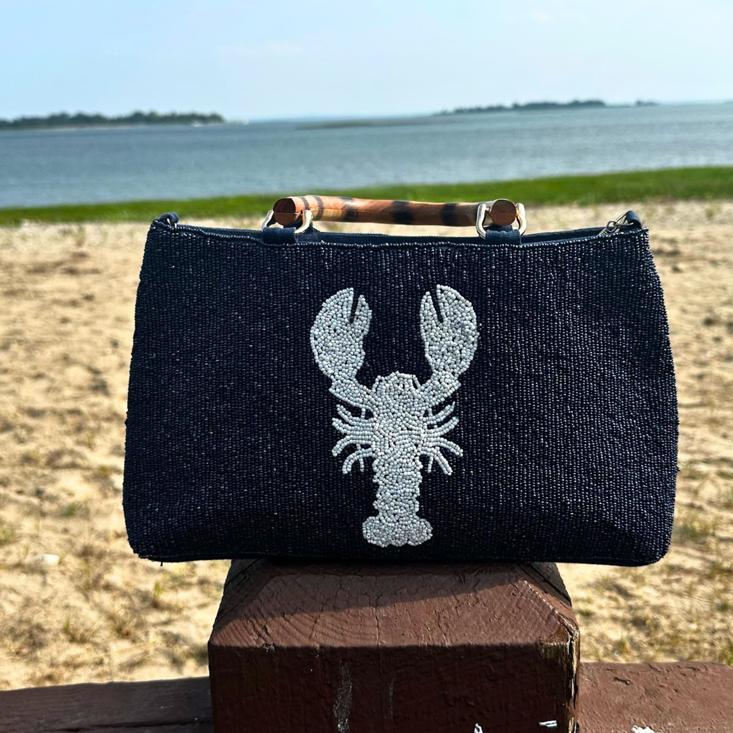 Navy Beaded Purse With White Lobster