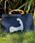Cape Cod Beaded purse with Bamboo Handles. Zipper closure on top, canvas on back purse. 