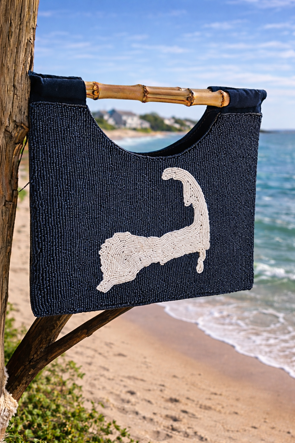 Navy Beaded Cape Cod Purse with Bamboo Handle