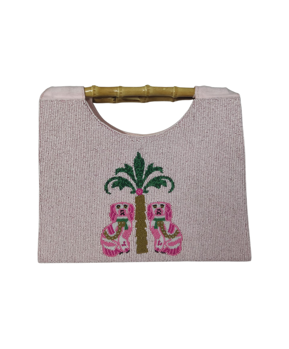 A pink beaded purse featuring two chinoiserie-style Dalmatians hand-beaded on the surface, with a gold chain. Bamboo handle.